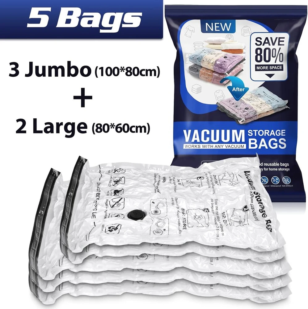Vacuuminiai maišai antklodėms, 5 vnt., 3 jumbo 100 x 80 cm, 2 dideli 80 x 60 cm, vacuuminiai maišai drabužiams, daugkartinio naudojimo vacuuminiai maišai drabužiams, dideli, gali būti naudojami kelionėms ir kasdieniam saugojimui