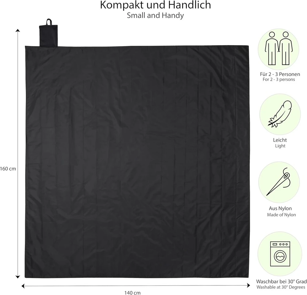 Vaily mini pikniko pledas, paplūdimio pledas - itin plonas lauko pledas, idealus piknikams, stovyklavimui ir žygiams - 160 x 140 cm