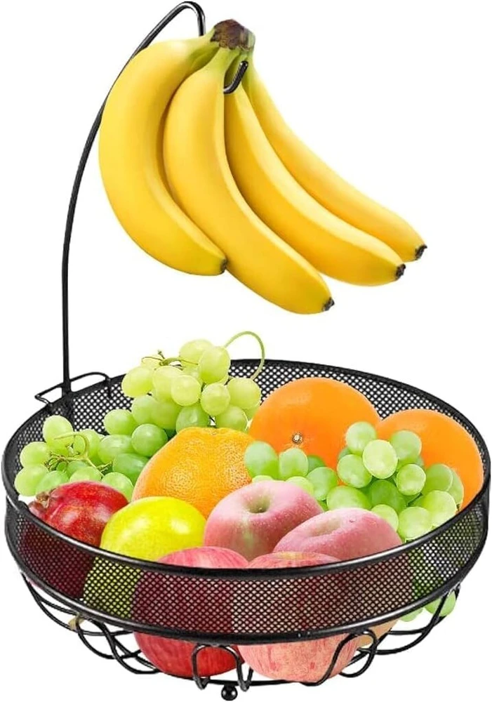 Vaisių stovas su bananų laikikliu, metalinis, modernus, talpus