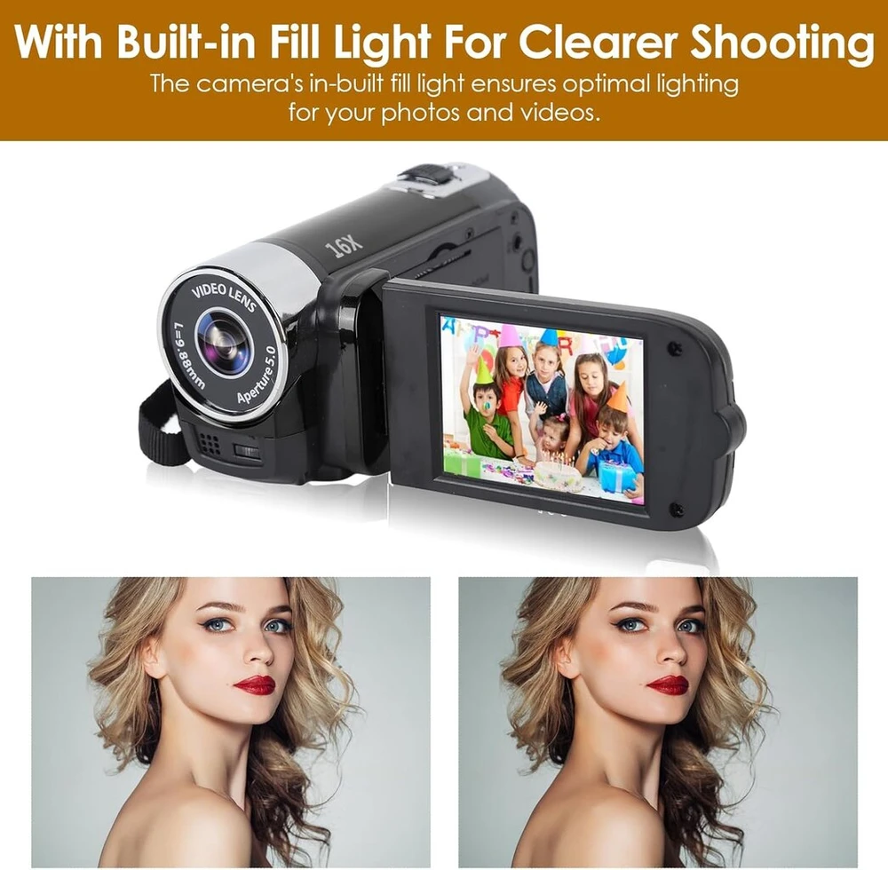 Vaizdo kamera vlogams 1080p Full Hd vaizdo kamera 16mp 16x skaitmeninis priartinimas pasukamas 2.7" Tft ekranas su papildomu apšvietimu ir Usb prievadu (juoda)