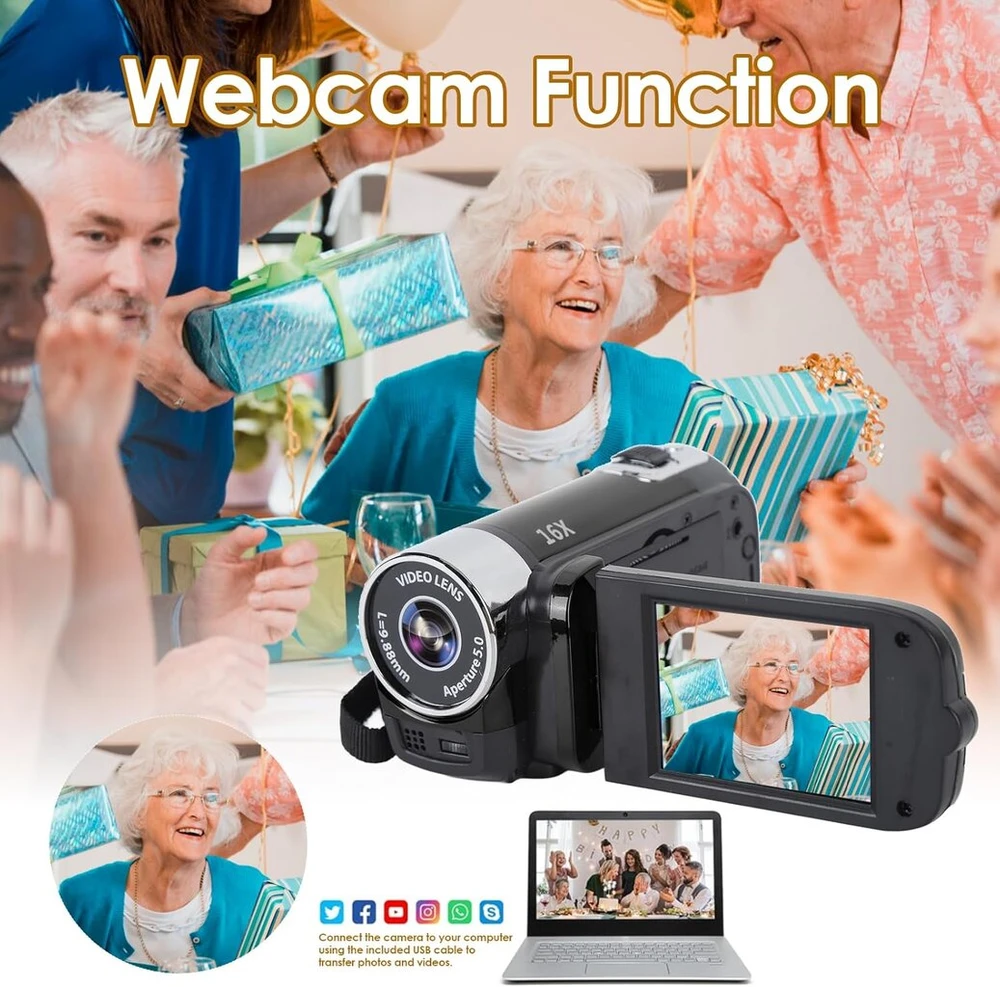 Vaizdo kamera vlogams 1080p Full Hd vaizdo kamera 16mp 16x skaitmeninis priartinimas pasukamas 2.7" Tft ekranas su papildomu apšvietimu ir Usb prievadu (juoda)