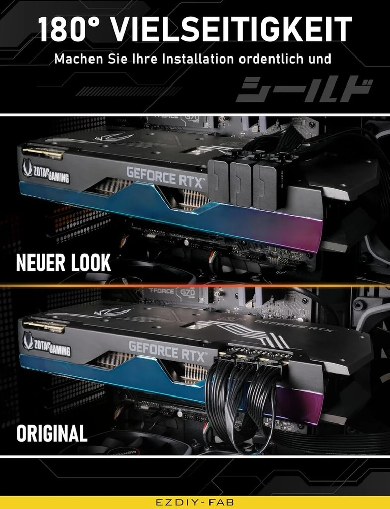 Vaizdo plokštė Ezdiy-fab shield series 8 kontaktų pcie gpu maitinimo adapteris, 180 laipsnių u formos kampinis jungtis, aliuminio dizainas, skirtas standartinio tipo grafikos kortelei, juodas, 2 vnt.
