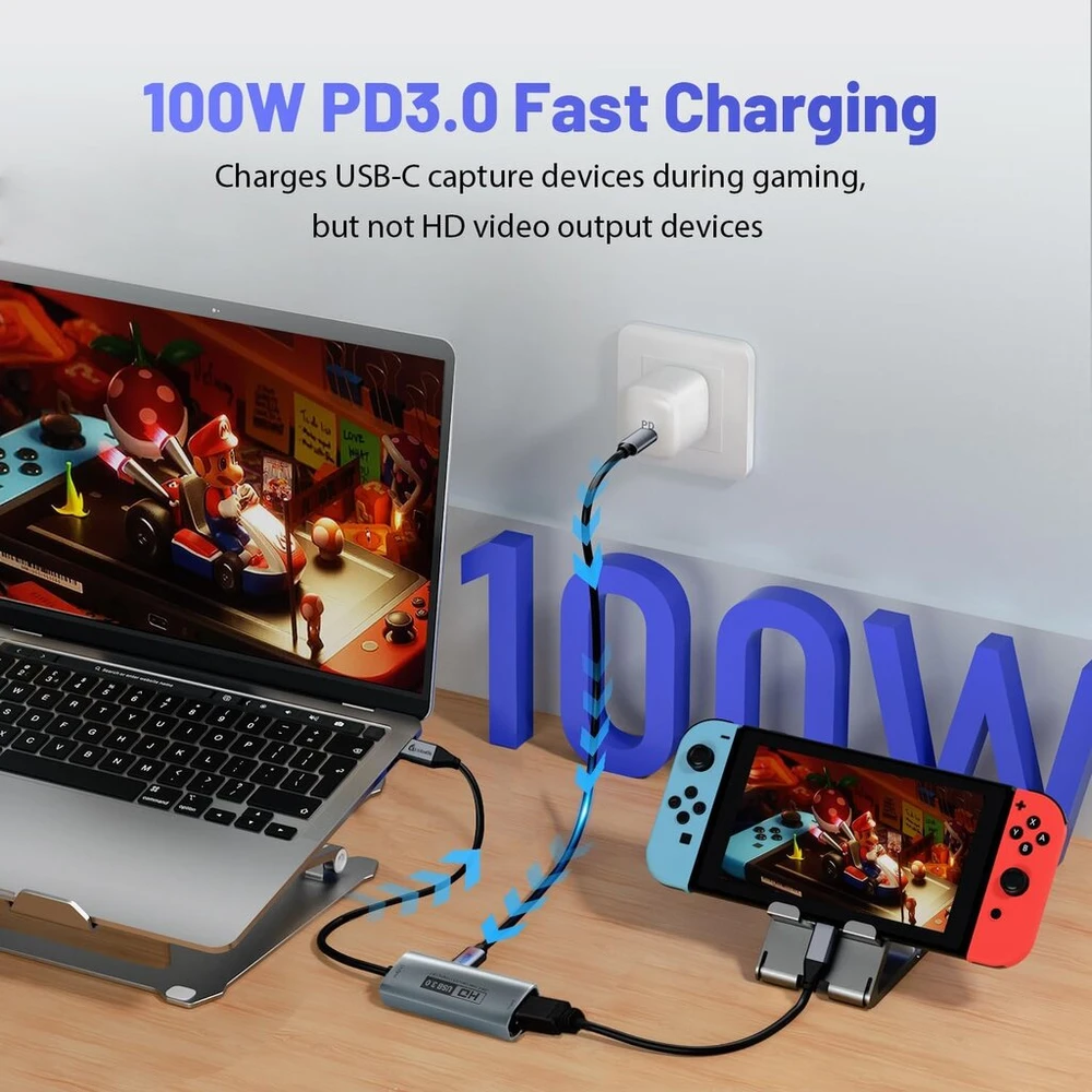 Vaizdo plokštė Guermok Usb 3.0 vaizdo įrašymo plokštė su 100w Pd, 1080p@60fps Hdmi į Usb A/c vaizdo įrašymo plokštė su type-c adapteriu, srautinio perdavimo įrenginys, skirtas oculus/quest 3/ipad/macos/switch/ps4 & ps5, sidabrinė