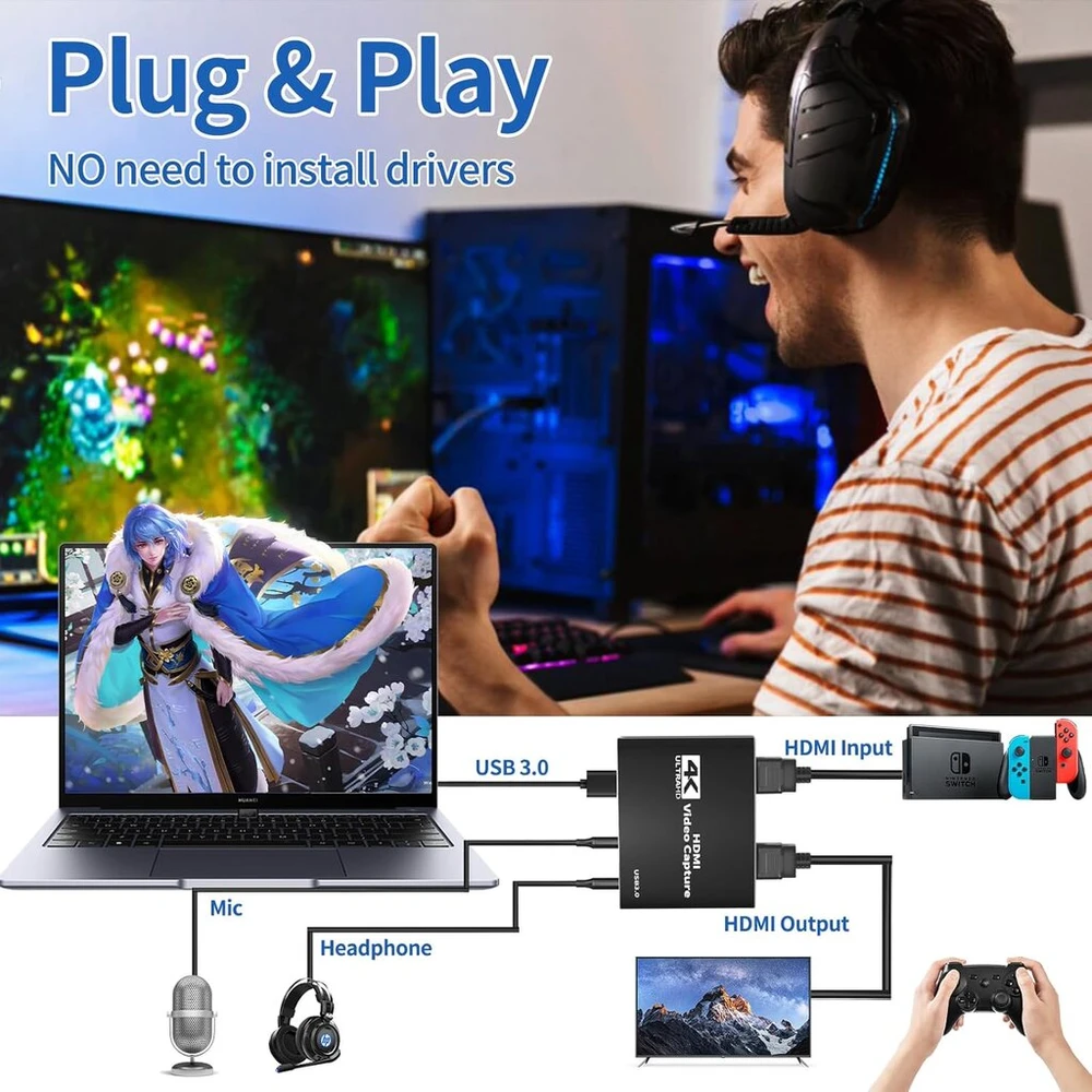 Vaizdo plokštė Vaizdo įrašymo plokštė Full Hd 1080p 60fps vaizdo įrašymas 4k Hdmi Loop-out vaizdo įrašymo plokštė transliacijoms Usb 3.0 audio, žaidimų plokštės įrašytuvas su vaizdo žaidimų tiesioginėmis transliacijomis kamerai Pc Obs