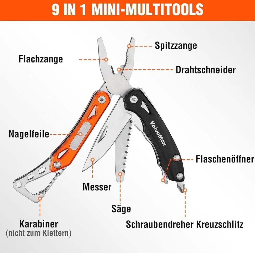 Valuemax daugiafunkcinės replės, 9-in-1 mini įrankis, daugiafunkcinis įrankis su replėmis ir peiliu, skirtas stovyklavimui, sulankstomas įrankis remontui ir žygiams