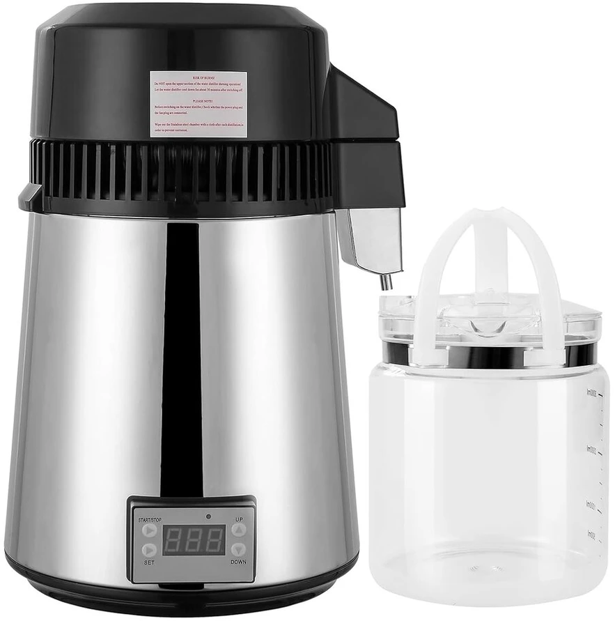 Vandens distiliatorius, nerūdijančio plieno vandens distiliatorius su stikliniu ąsočiu, 800 W vandens distiliatorius vandens filtras, visiškai automatinis, vandens kiekio ir temperatūros reguliuojamas distiliatorius grynam geriamajam vandeniui