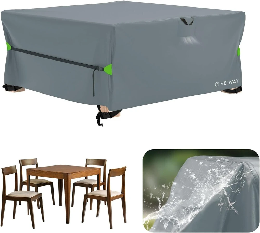 Velway sodo baldų uždangalas, atsparus vandeniui - 200 x 200 x 71 cm kvadratinis apsauginis uždangalas, itin atsparus vėjui, skirtas sodo stalams, sėdimų vietų grupėms, terasos baldams, pilkas