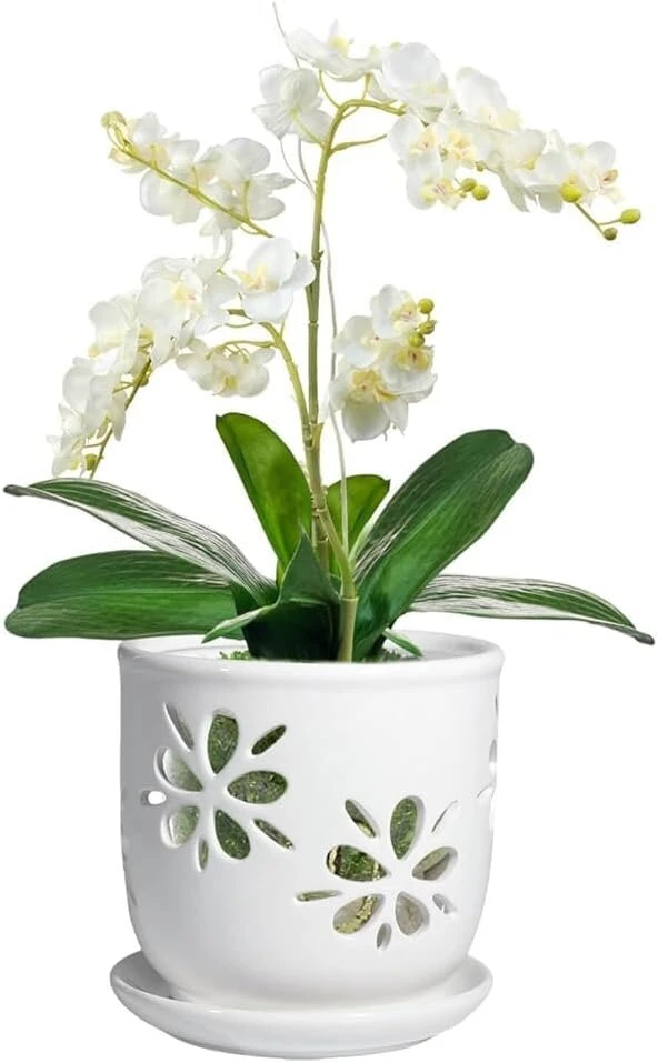 Vensovo keramikinis orchidėjų vazonas su skylutėmis ir lėkštele 15cm orchidėjų vazonai persodinimui baltas vazonas augalams skatina oro cirkuliaciją elegantiškas dizainas vidaus patalpoms