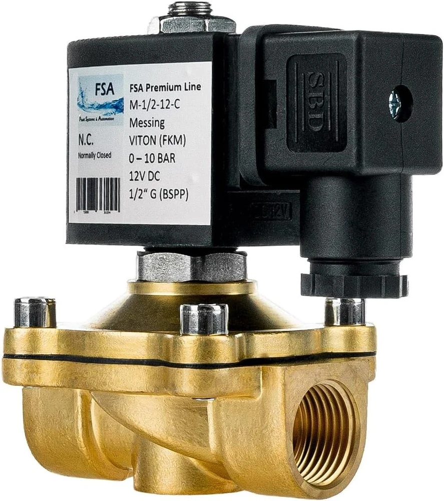 Ventiliatorius Fsa Viton solenoidinis ventilis žalvarinis 1/2 colio 12 V Dc 0-10 bar uždarytas