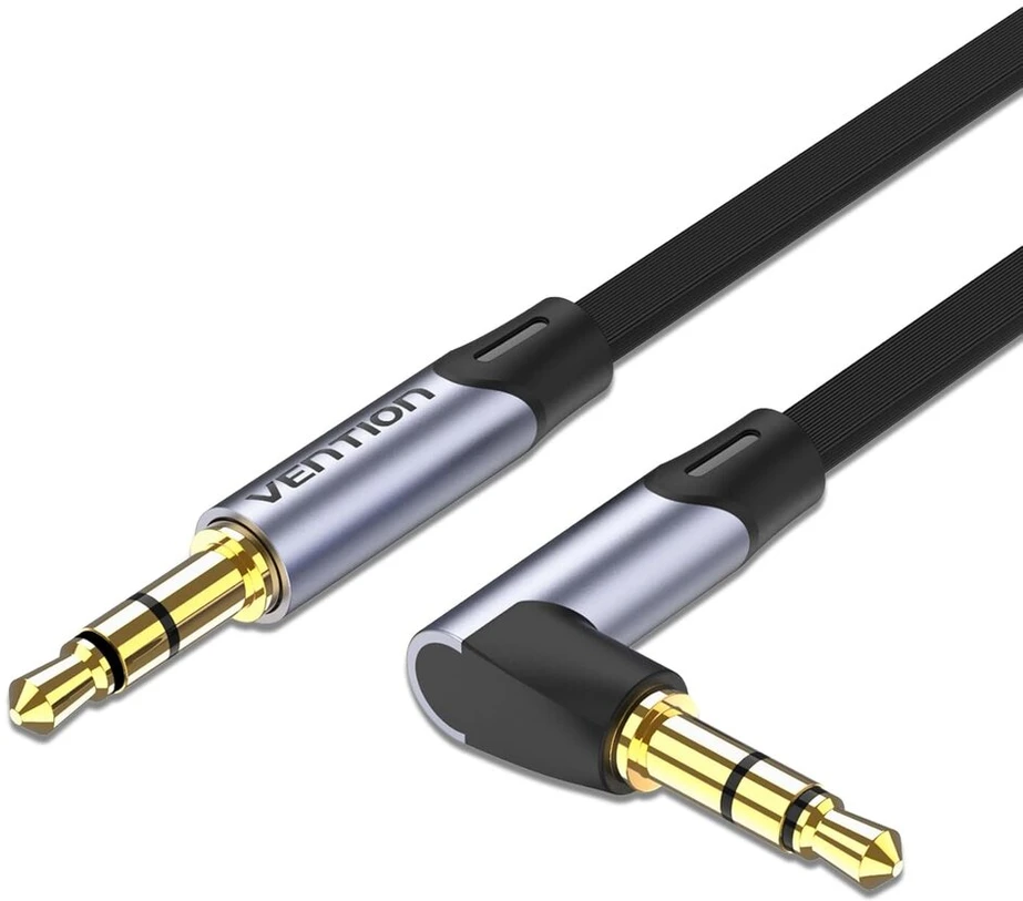Vention 3.5 mm aux kabelis 1.5 m 90 laipsnių audio kabelis plokščias trs kabelis stereo kištukas ausinėms, automobiliui, garsiakalbiui, soundbar'ui, kompiuteriui, nešiojamam kompiuteriui ir daugiau