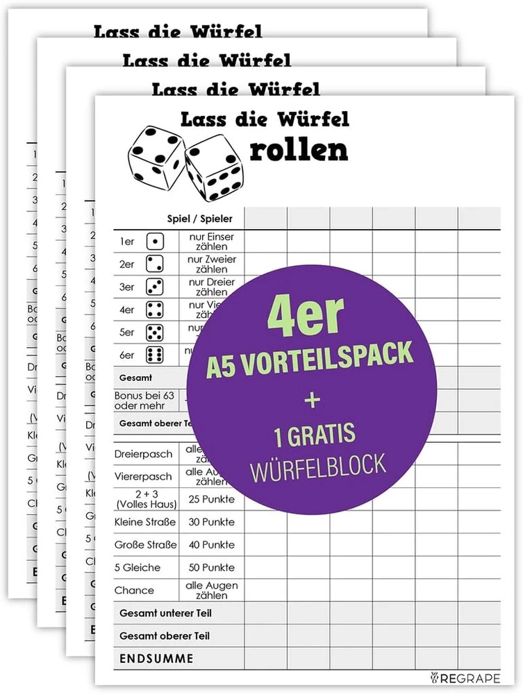 Vertės paketas 4 x atsarginiai kubo bloknotai + 1 x nemokamas kauliukų bloknotas, a5, kokybiškas popierius, atsparus pradūrimams, pagamintas vokietijoje, draugiškas aplinkai spausdinimas