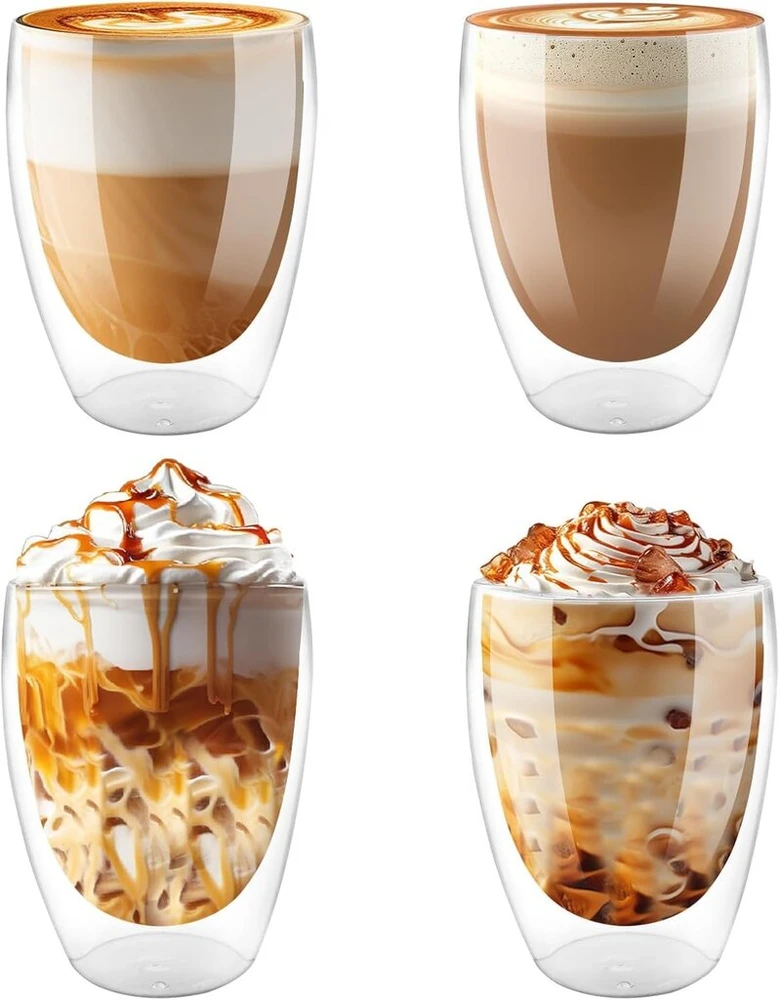 Vexillic Dvisienės kavos stiklinės, latte macchiato stiklinės, 4 vnt. rinkinys, 350 ml cappuccino puodeliai kavai, ledams, pienui, sultims, arbatai