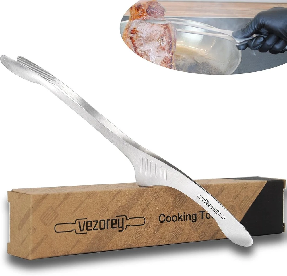 Vezorey® - Premium klasės virtuvinės žnyplės (26,5 cm) pagamintos iš nerūdijančio plieno su stovo funkcija - Virtuviniai pincetai ir žnyplės mėsai, griliui ir daržovėms - Grilio žnyplės ir ilgi virtuviniai pincetai