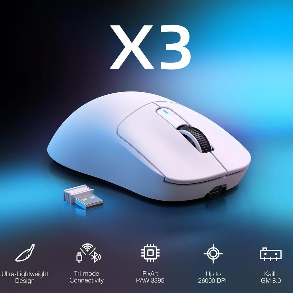 Vgn Gamepower x Attack Shark X3 Superlight belaidė žaidimų pelė, 49g itin lengva pelė, 26000dpi, Pixart Paw3395, 2.4g/bt/laidinis, Ptfe kojelės, iki 200 valandų baterija, G502, Pc/XBOX/ps/mac, balta