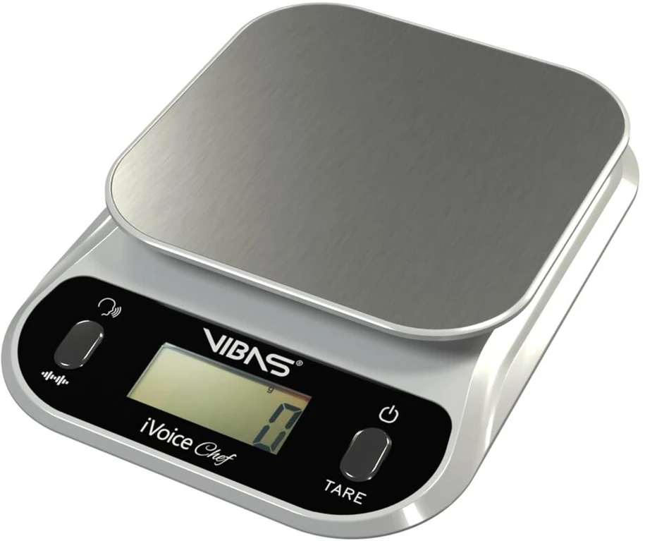 Vibas Ivoice Chef kalbančios virtuvinės svarstyklės akliesiems ir pagyvenusiems žmonėms, kalba 5 kalbomis, svorio kartojimas, reguliuojamas garsumas, talpa 10 kg - 22 lb, baterijos įtrauktos