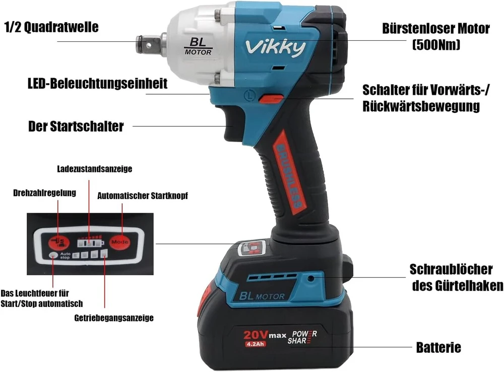 Vikky Bl500 20 V akumuliatorinis smūginis veržliasukis, 500 Nm sukimo momentas, keturi režimai, bešepetėlis variklis, led lemputė, 20 V 4.2 Ah akumuliatorius, 0-2400 aps/min, M12-m26 varžtams, 1.1kg, vienerių metų garantija