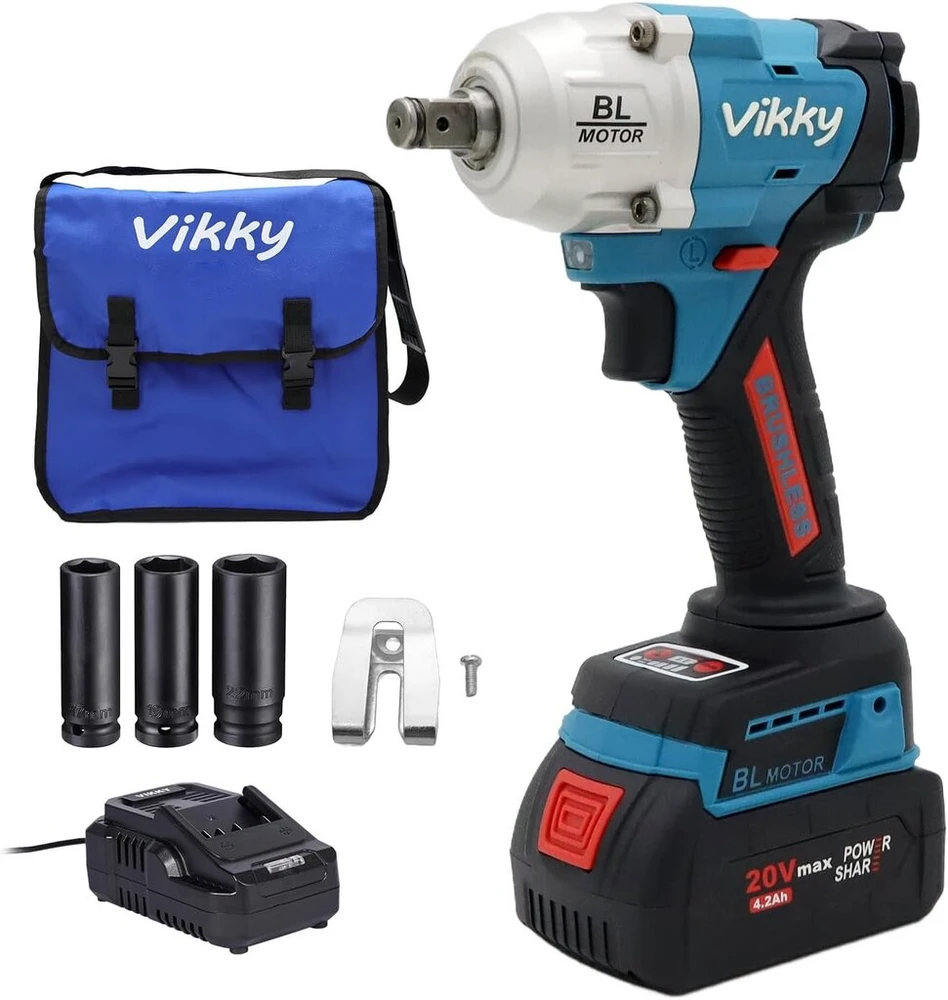 Vikky Bl500 20 V akumuliatorinis smūginis veržliasukis, 500 Nm sukimo momentas, keturi režimai, bešepetėlis variklis, led lemputė, 20 V 4.2 Ah akumuliatorius, 0-2400 aps/min, M12-m26 varžtams, 1.1kg, vienerių metų garantija