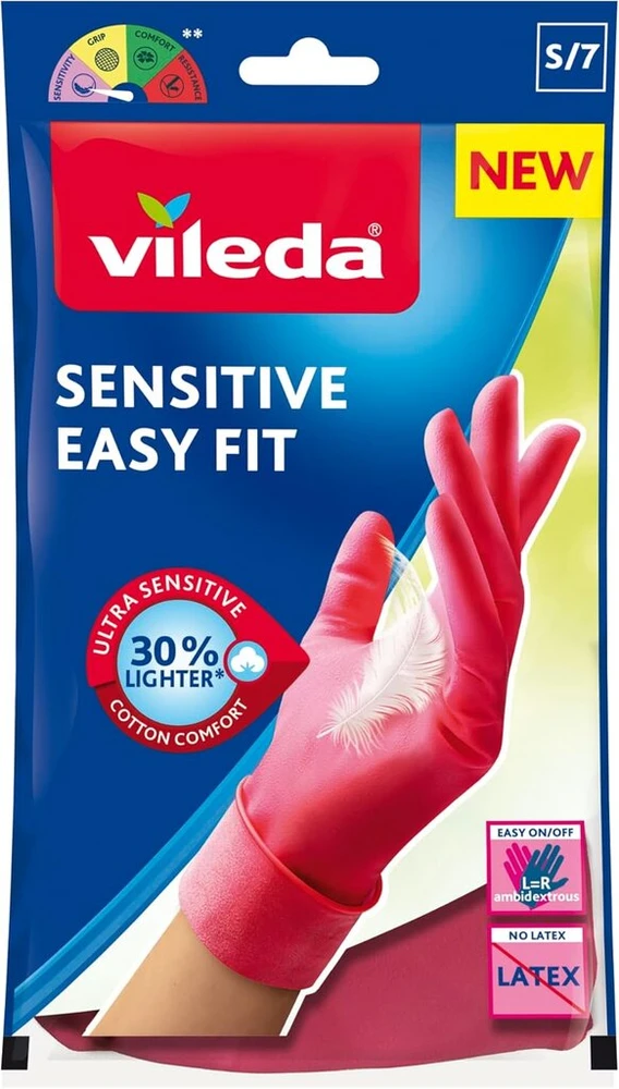 Vileda Sensitive Easy Fit, mažas dydis, 12 porų nitrilinių buitinių pirštinių, be latekso ir pudros, maksimalus jautrumas ir komfortas, lengva dėvėti, rožinės spalvos - mažas dydis