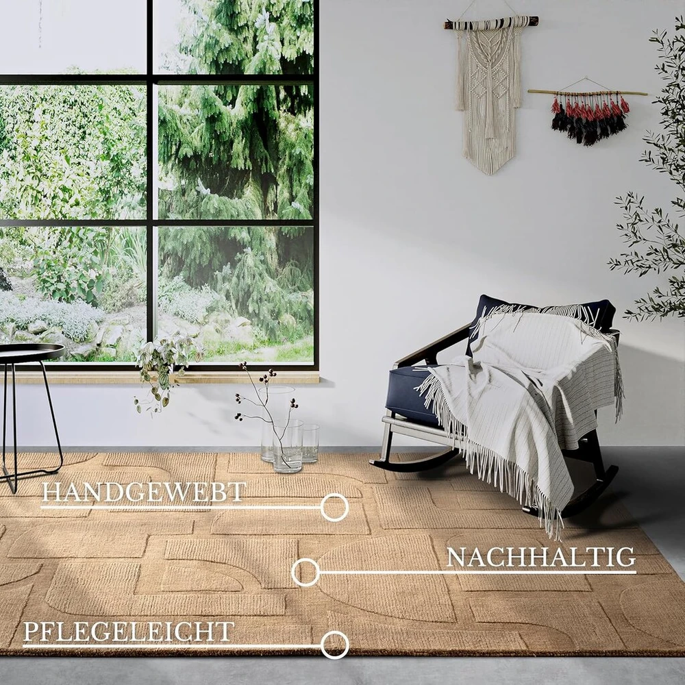 Villeroy & Boch Alexis vilnonis kilimas – natūralus svetainės kilimas – rankomis austas ir natūralus – boho vilnonis kilimas svetainei, miegamajam, valgomajam, prieškambariui, virtuvei – smėlio spalvos, 120 x 170 cm