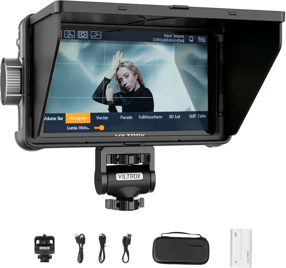 Viltrox 14.0 cm 1200 nitų 4kp30 Hdmi vaizdo lauko monitorius, 10 bitų Hdr dienos šviesoje matomas 1920x1080 nešiojamas monitoriaus įrašymo įrenginys, karšto bato laikiklis, baterija, apsauga nuo saulės