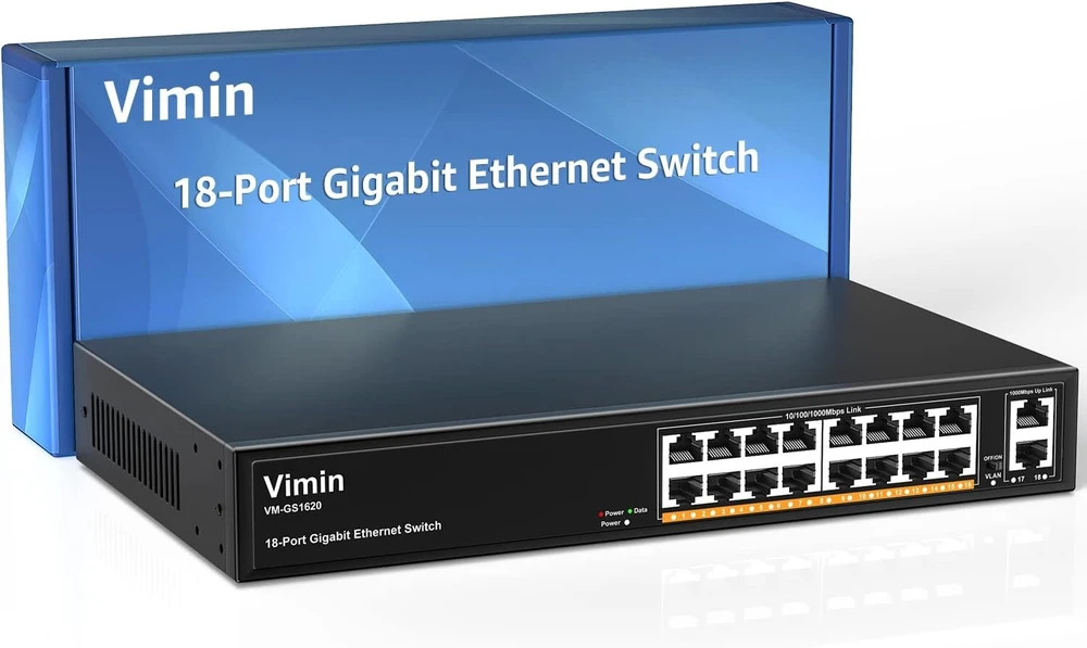 Vimin 16 prievadų gigabitinis ethernet komutatorius su 2 x 1000 mbps uplink prievadais, 18 prievadų nevaldomas tinklo komutatorius palaiko ieee802.3af/at, vlan, metalinis korpusas, skirtas montuoti ant stalinio kompiuterio ir 19 colių stovo