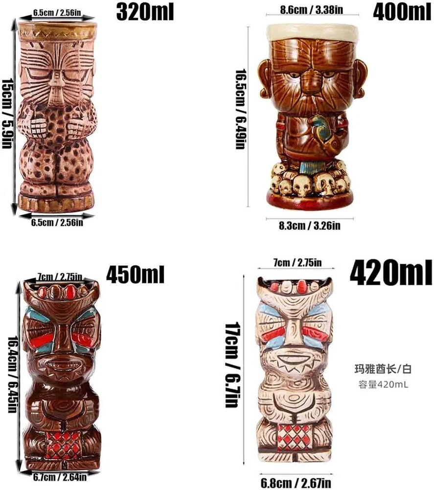 Vinbcorw tiki stiklinės, tiki vakarėlio dekoracija, kokteilių rinkinys, 4 keraminiai kokteilių puodeliai, tiki puodeliai, havajų vakarėlis, mieli egzotiški kokteilių stiklai, havajietiškas tiki puodelis Q10