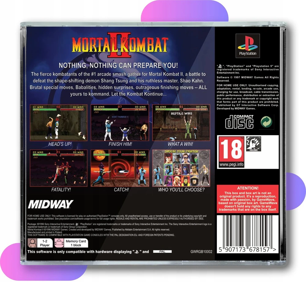 Vinilinė plokštelė Mortal Kombat Ii Ps1 | Jewel Case dėžutės reprodukcija, skirta Ps1 | Pal