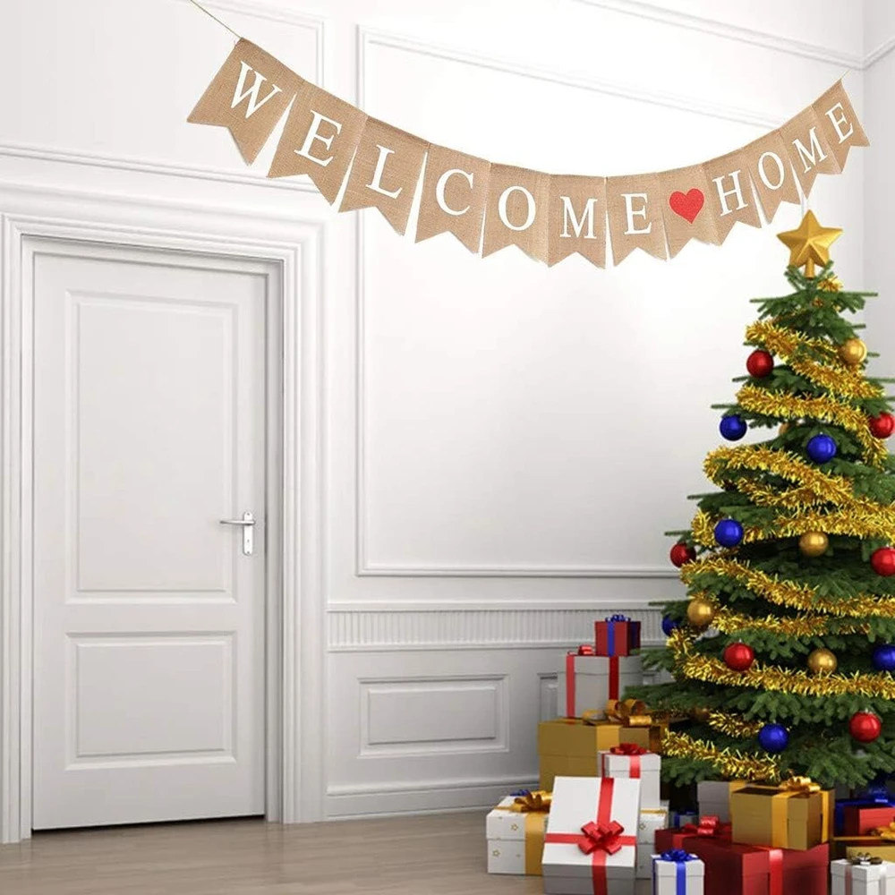 Vintage lininis "welcome Home" baneris, rustiškas lininis raidžių girlianda 2.8 m namų dekoravimui, šeimos vakarėliui, vintage rustiškas girlianda su 12 vėliavėlių namų dekoravimui