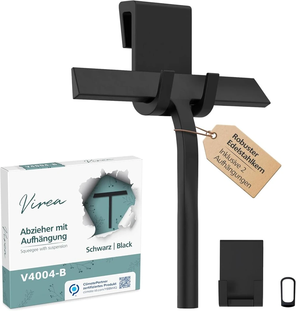 Virea silikoninis valytuvas dušui, juodas, 23 cm valymo plotis - valytuvas stiklams su laikikliu - dušo kabinos valytuvas pašalina skysčius nepalikdamas likučių - langų valytuvas su nerūdijančio plieno šerdimi