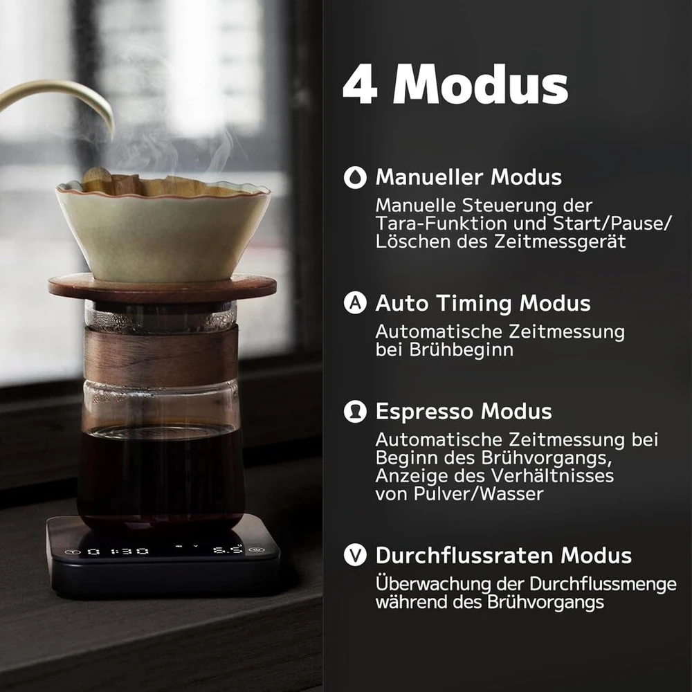 Virtuvinės svarstyklės Foxnsk Espresso svarstyklės su laikmačiu, 0,1 g tikslios kavos svarstyklės su 4 režimais, santykio ir srauto greičio rodymas, Usb įkraunamos mini virtuvinės skaitmeninės svarstyklės baristai, maks. 2kg, juodos