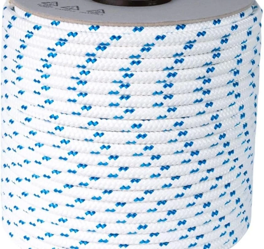 Virvė 14 mm x 30 m - poliesterio virvė, švartavimo lynas, universalus lynas, megzta, sodo virvė, lauko - balta/mėlyna