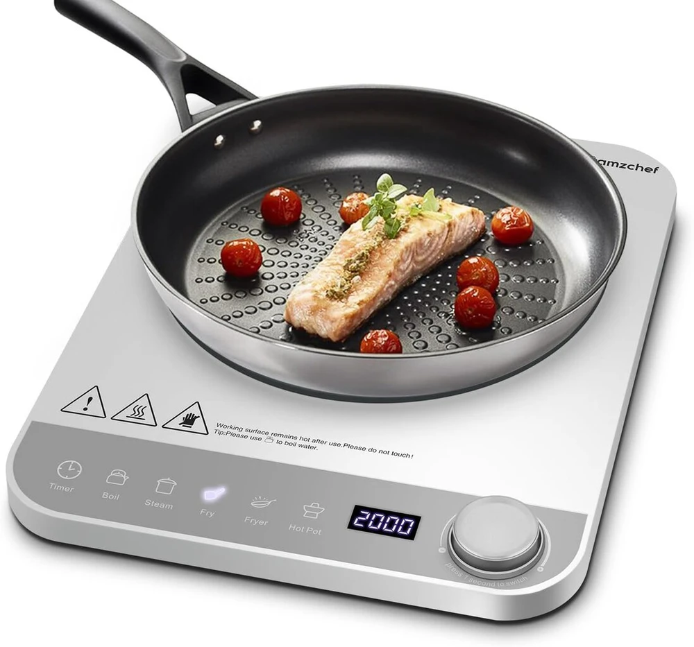 Viryklė Amzchef vienvietė indukcinė kaitlentė, indukcinė kaitlentė 1 plokštė su plonu dizainu, elektroninė sukamoji rankenėlė, 5 automatiniai režimai, 10 galios ir temperatūros lygių, laikmačio jungiklis, 2000 W, sidabrinė