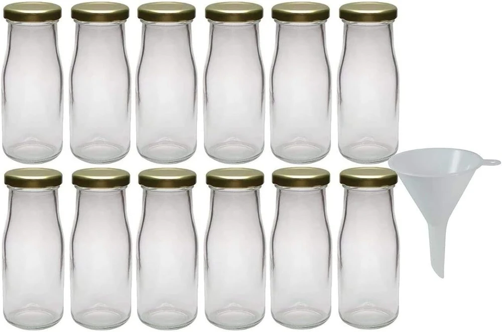 Viva Haushaltswaren – 250 ml stikliniai buteliai/pieno buteliai su sidabriniais užsukamais dangteliais su piltuvėliu