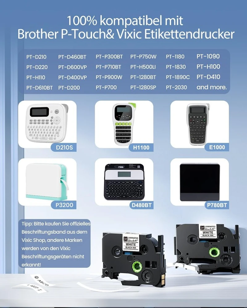 Vixic Tze-231 suderinama su Brother P-touch juostelėmis, 12 mm, balta, Tz juostelė, 12 mm, 0.47 Tze231, Aze231 P touch etikečių juostelė Brother etikečių spausdintuvui Ptouch H105 1010 H107 1000 1005 1280 D400 1250