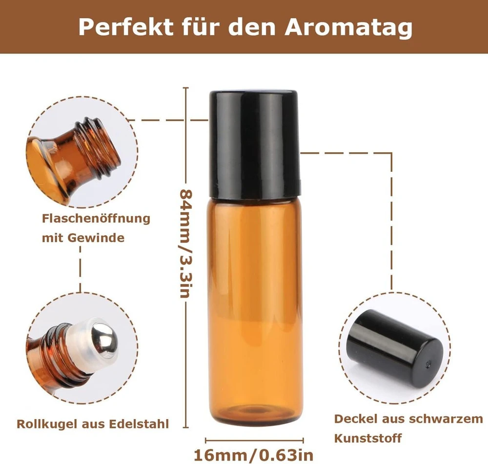 Voarge 10 x 10 ml rudi aliejaus buteliukai, tušti, stikliniai buteliukai su rutuliukais eteriniams aliejams, daugkartiniai buteliukai aliejams, kvapams, kosmetikai, masažams