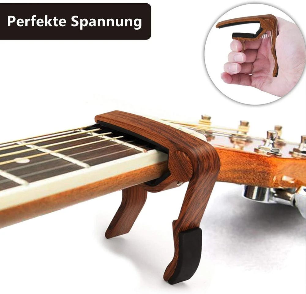 Voarge gitaros kapodasteris, trigger tipo gitaros kapodasteris, tvirtas cinko lydinio kapodasteris akustinei gitarai, ukulelei, elektrinei gitarai, bosinei gitarai su medžio spalvos gitaros plektro mediatoriais Mirabow spalvos