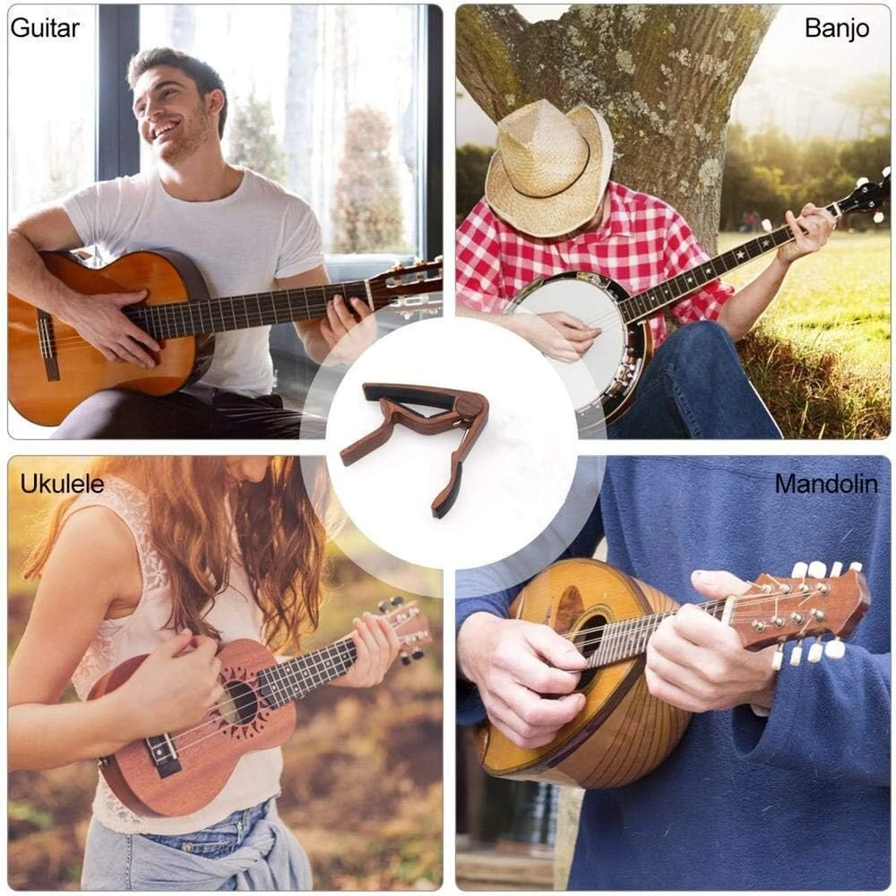 Voarge gitaros kapodasteris, trigger tipo gitaros kapodasteris, tvirtas cinko lydinio kapodasteris akustinei gitarai, ukulelei, elektrinei gitarai, bosinei gitarai su medžio spalvos gitaros plektro mediatoriais Mirabow spalvos