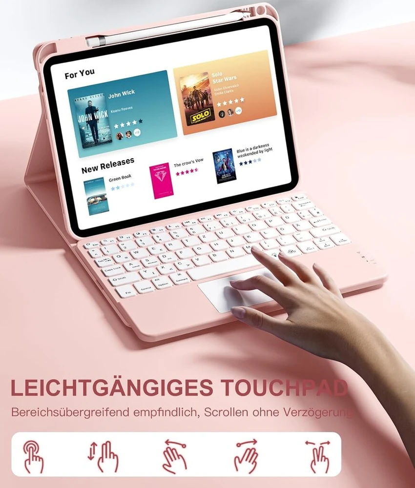 Vobafe dėklas su klaviatūra, skirtas Ipad 10 kartos - Ipad A16 11 kartos - (10.9/11 colių, 2025/2022 modelis), multi-touch valdymo skydelis, 7 spalvų apšvietimas su rašiklio laikikliu, Qwertz šviesiai rožinė