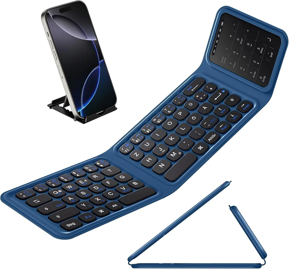Vobafe sulankstoma bluetooth klaviatūra su jutikliniu kilimėliu, sulankstoma su skaitmenine klaviatūra, įkraunama belaidė mini klaviatūra, 3 bluetooth kanalai, skirti ios, android, windows, qwertz išdėstymas, mėlyna