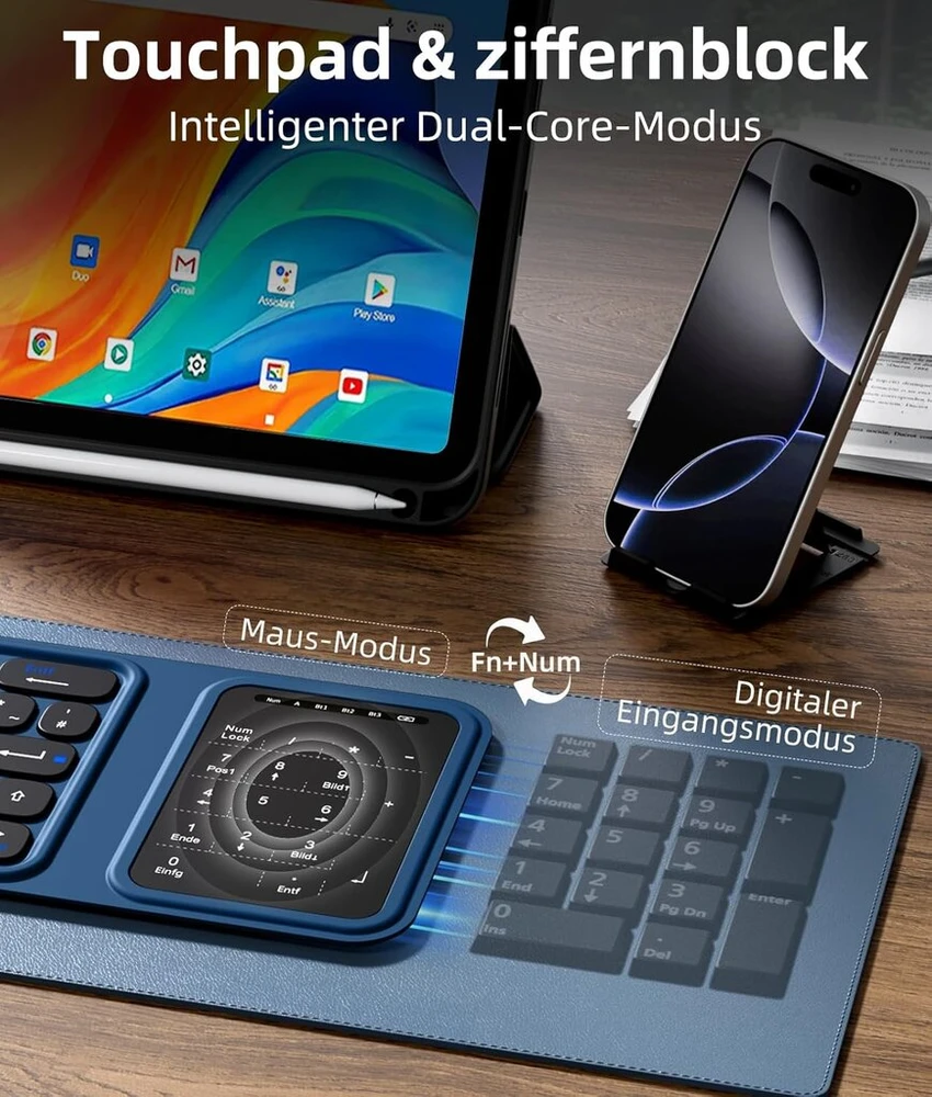 Vobafe sulankstoma bluetooth klaviatūra su jutikliniu kilimėliu, sulankstoma su skaitmenine klaviatūra, įkraunama belaidė mini klaviatūra, 3 bluetooth kanalai, skirti ios, android, windows, qwertz išdėstymas, mėlyna
