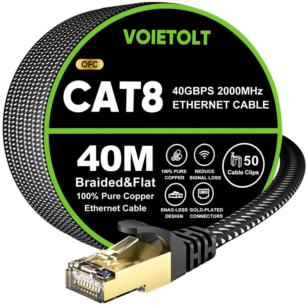 Voietolt Cat 8 Lan kabelis 40 m, 40 Gbps/2000 Mhz plokščias pintas tinklo kabelis Ethernet kabelis, S/ftp Rj45 gigabitinis pataisos kabelis, skirtas Ps4/5, modemui, maršrutizatoriui