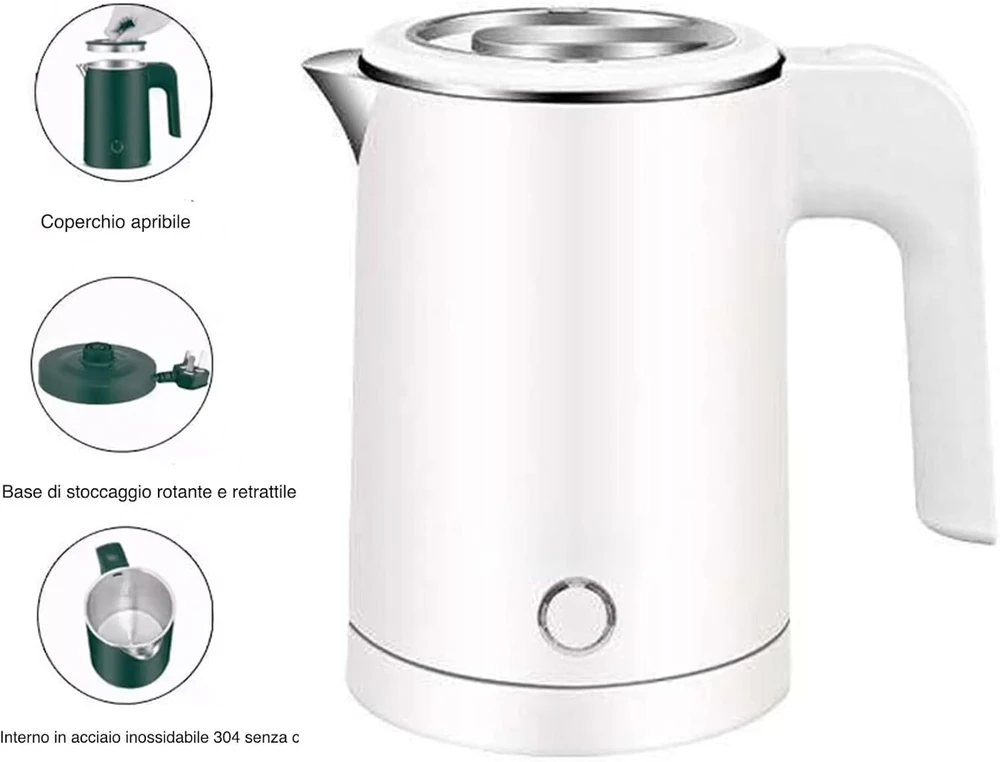 Voltix elektrinis virdulys, nerūdijantis plienas, 0.5 l, 600 W, nešiojamas virdulys - mažas virdulys, idealus namams, biurui ir kelionėms, be Bpa (baltas)
