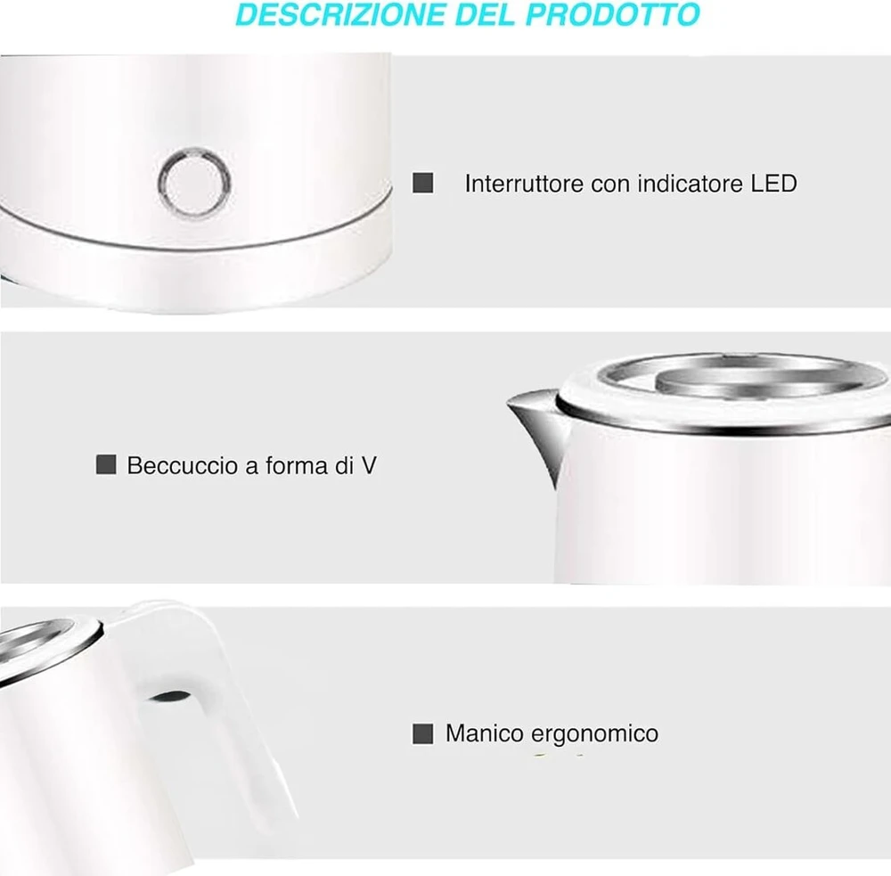 Voltix elektrinis virdulys, nerūdijantis plienas, 0.5 l, 600 W, nešiojamas virdulys - mažas virdulys, idealus namams, biurui ir kelionėms, be Bpa (baltas)