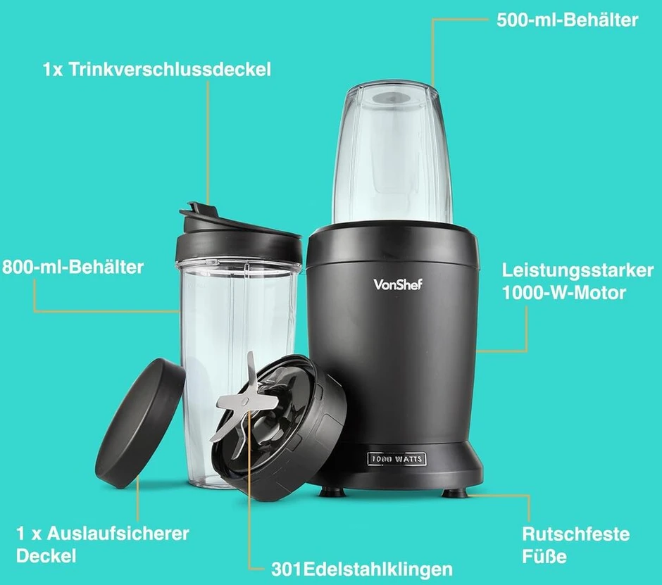 Vonshef daugiafunkcinis asmeninis trintuvas, galingas kokteilių trintuvas vaisiams, daržovėms, kokteiliams ir ledo smulkintuvas su 800 ml ir 500 ml nešiojamais puodeliais, 1000 W