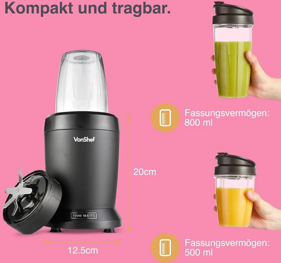 Vonshef daugiafunkcinis asmeninis trintuvas, galingas kokteilių trintuvas vaisiams, daržovėms, kokteiliams ir ledo smulkintuvas su 800 ml ir 500 ml nešiojamais puodeliais, 1000 W