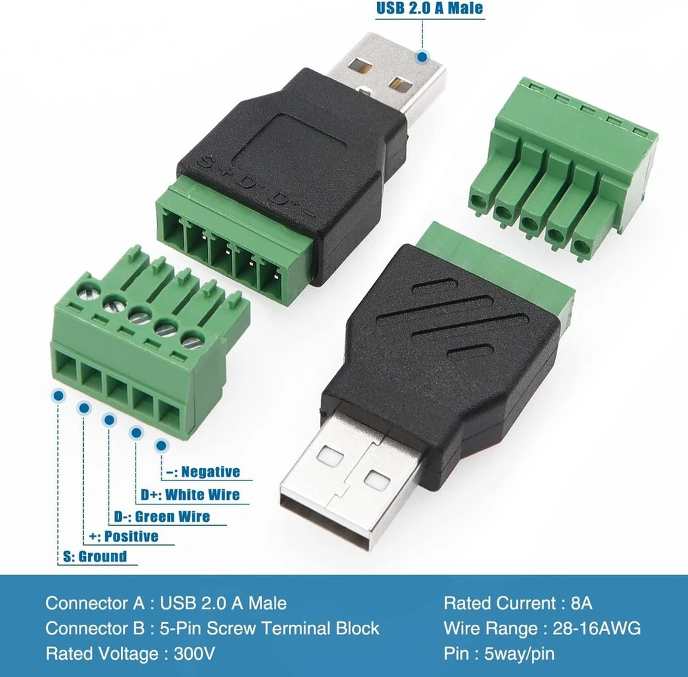Voogenzek 2 vnt. Usb 2.0 Type A Male į 5 Pin Female Screw Usb Plug Terminal Male