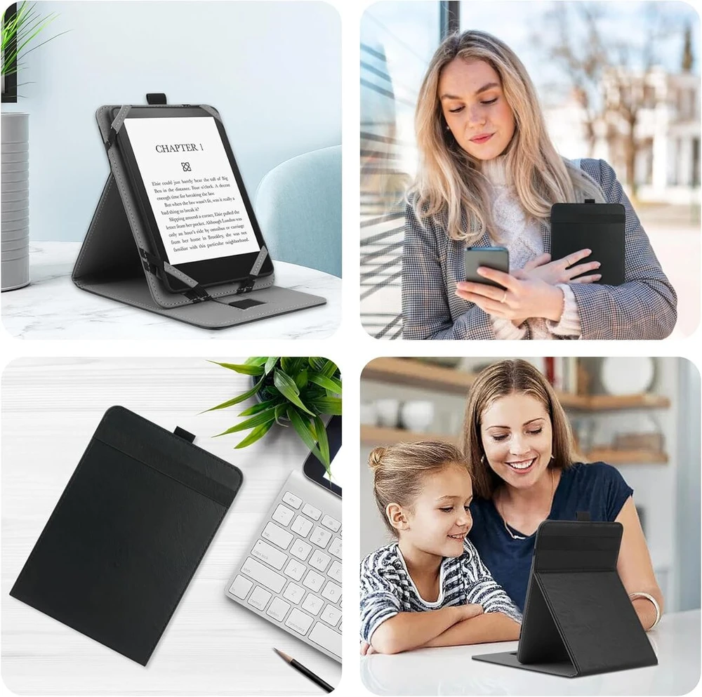 Vovipo universalus dėklas 6 colių, 6,8 colių 7 Kindle Paperwhite/colorsoft el. skaityklėms, apsauginis dėklas su rankos dirželiu, suderinamas su Kindle/kobo/tolino/pocketook/sony 6-6,8-7 colių el. skaitykle – juodas