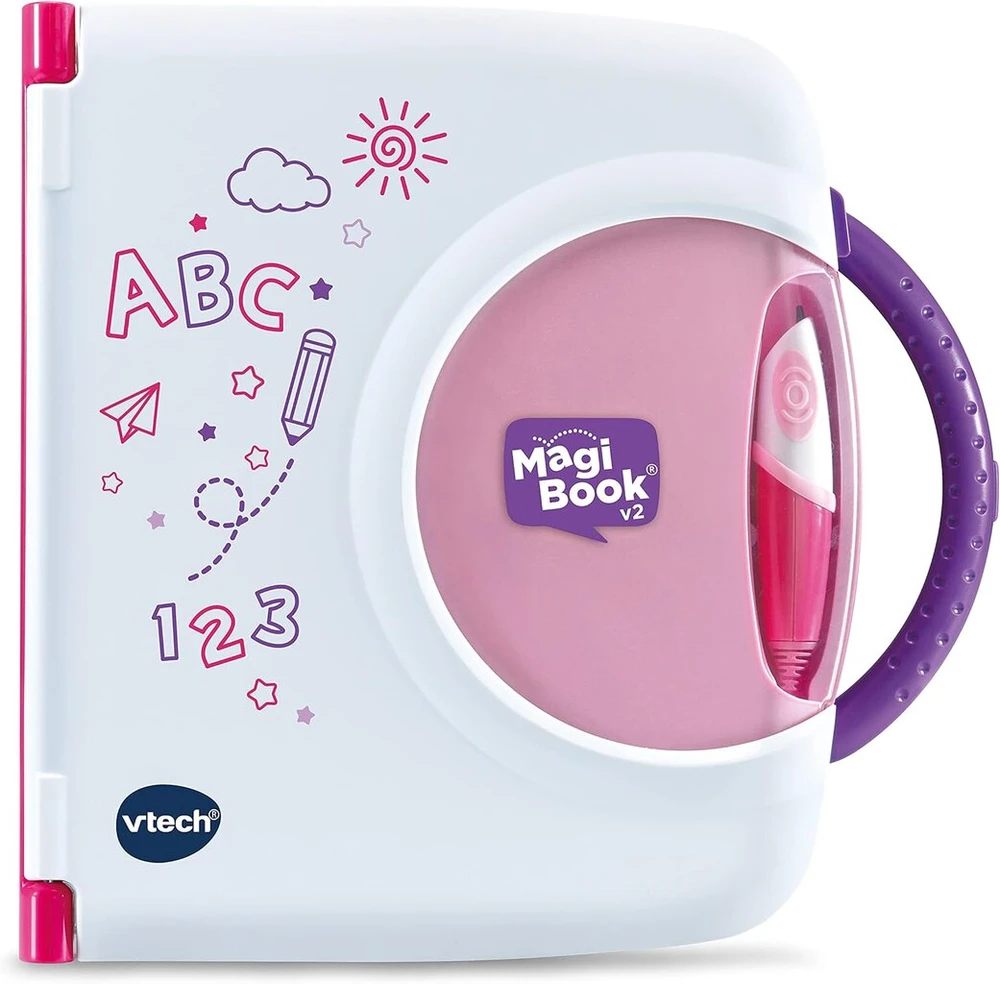 Vtech Magibook v2 rožinis su 2 mokomosiomis knygomis - interaktyvi mokymosi knygų sistema, skirta pasiruošti darželiui ir mokyklai - vaikams nuo 2 iki 7 metų