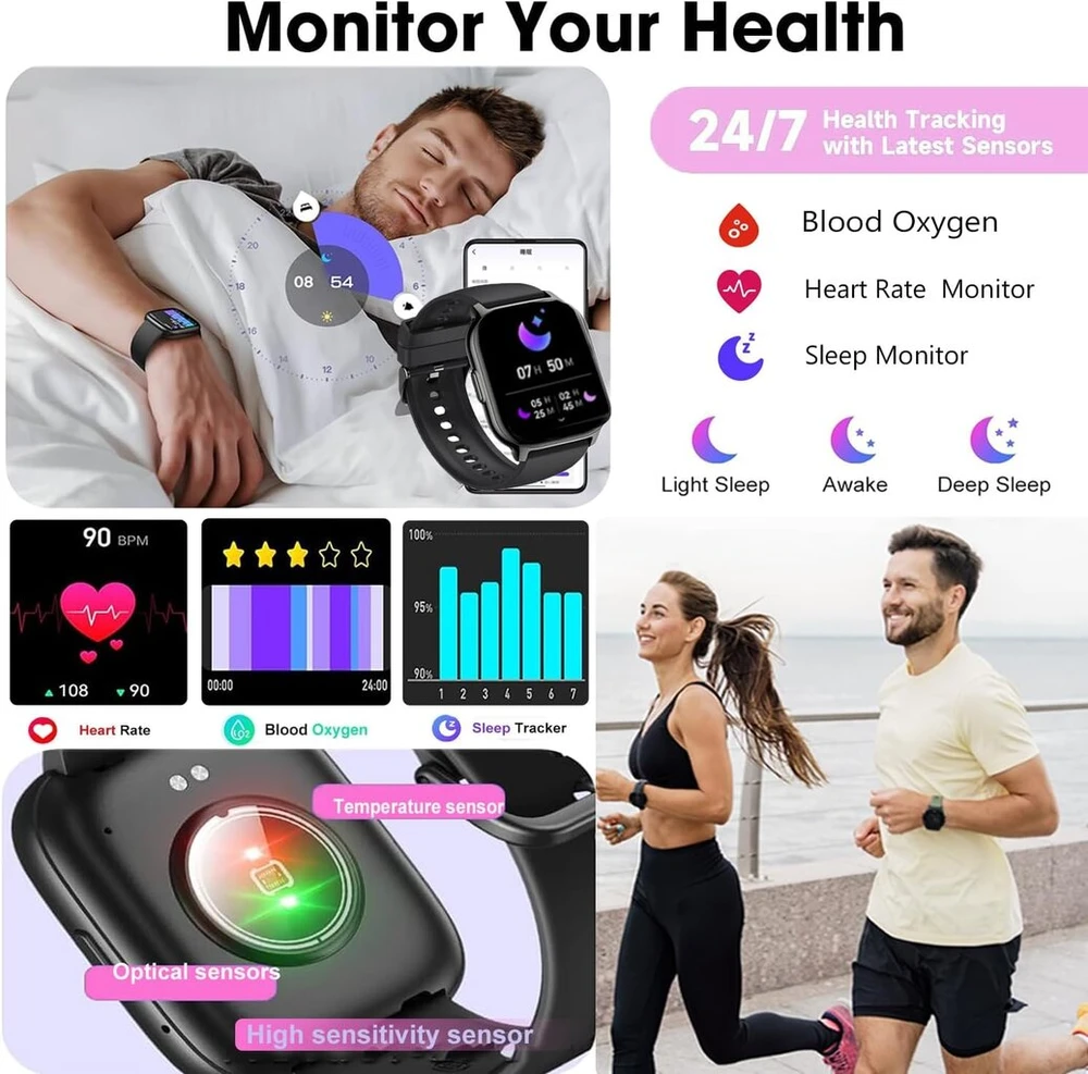 Vtkp išmanusis laikrodis moterims ir vyrams 2 colių išmanusis laikrodis violetinis ip68 atsparus vandeniui 110+ sporto režimų sportinis laikrodis fitneso laikrodis su pulso miego monitoriumi žingsniamačiu skirtas android 1os 2024