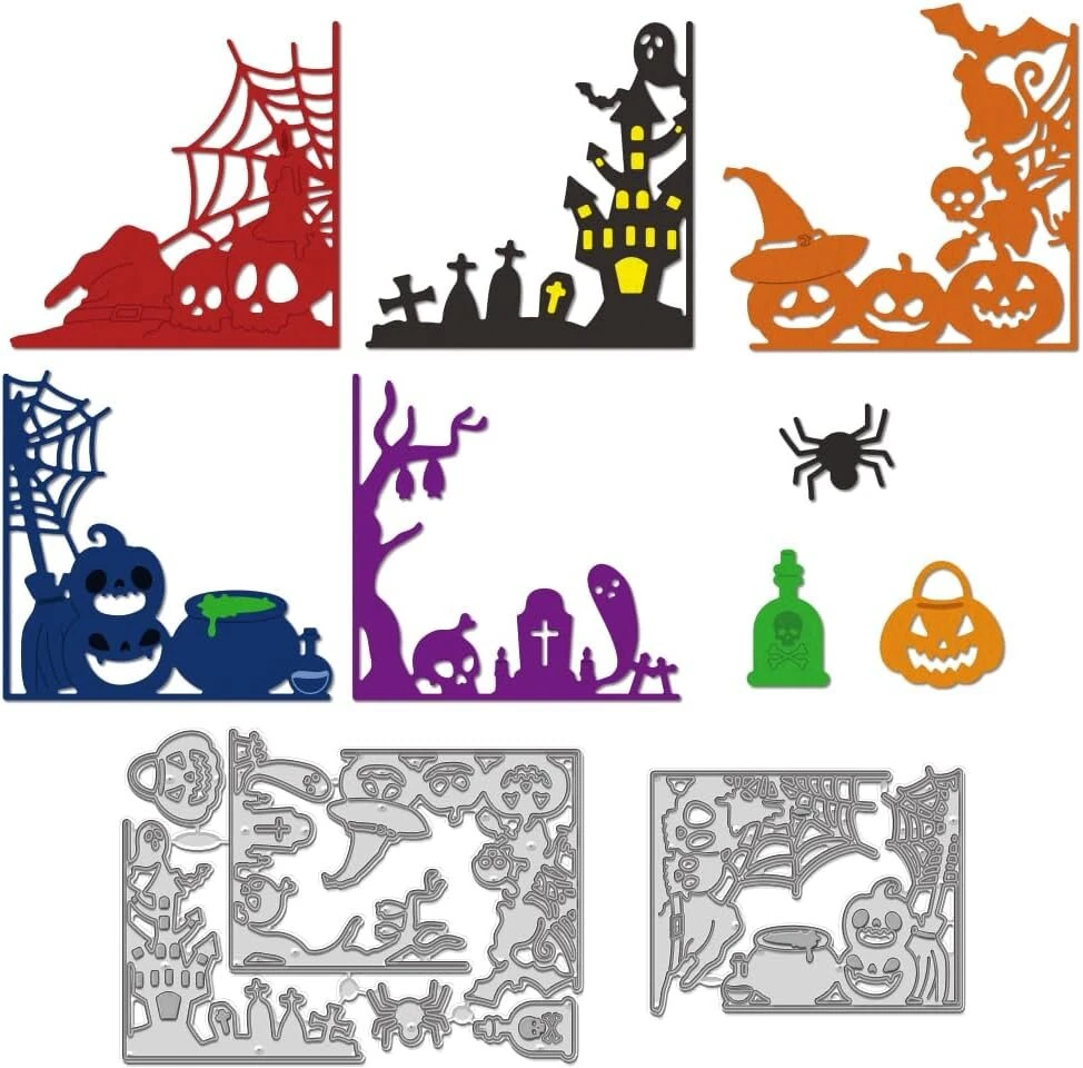 Wadorn Halloween namo vaiduoklio išpjovimo štampai kortelėms, Halloween rėmo fono metalo išpjovimo štampai trafaretams moliūgo voro vaiduoklio įspaudimo trafaretų šablonas, skirtas "pasidaryk pats" kortelių iškarpų albumui